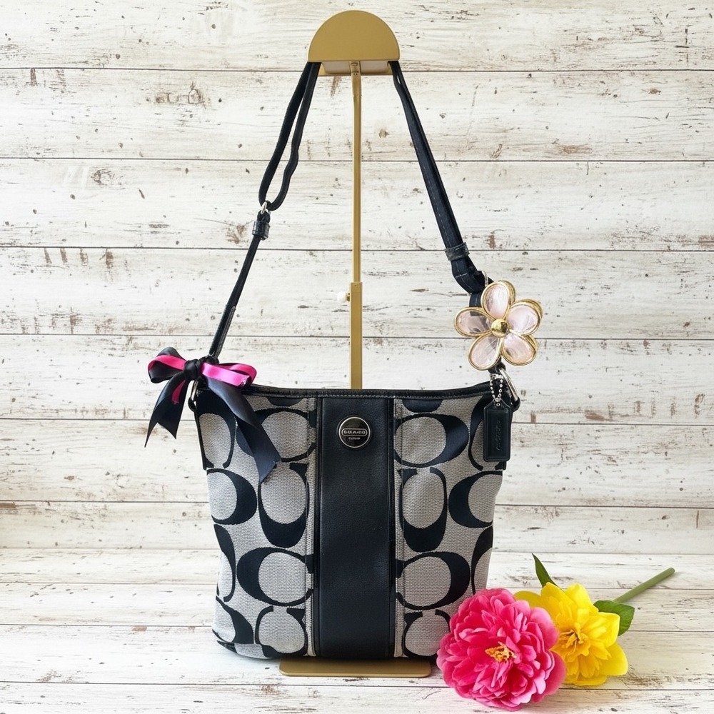 Coach Signature Jacquard Shoulder Bag Black White Leather‎ Trim